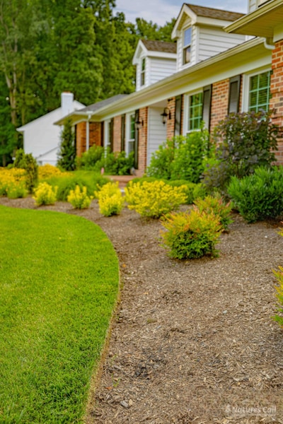 Curved mulch bed running along Greenville DE home